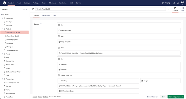 Spring EQ Umbraco Backoffice screenshot showing the editing of a product page